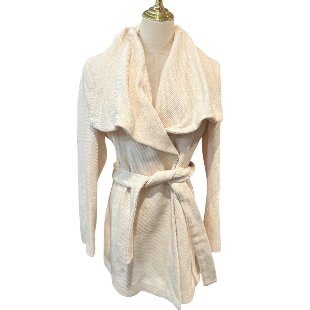 Calvin Klein Women Cream Waterfall Collar Belted Cardigan Coat‎ Size 10